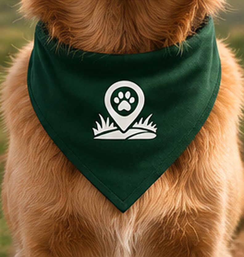 A golden retriever wearing a Forest Green Turf Paws bandana